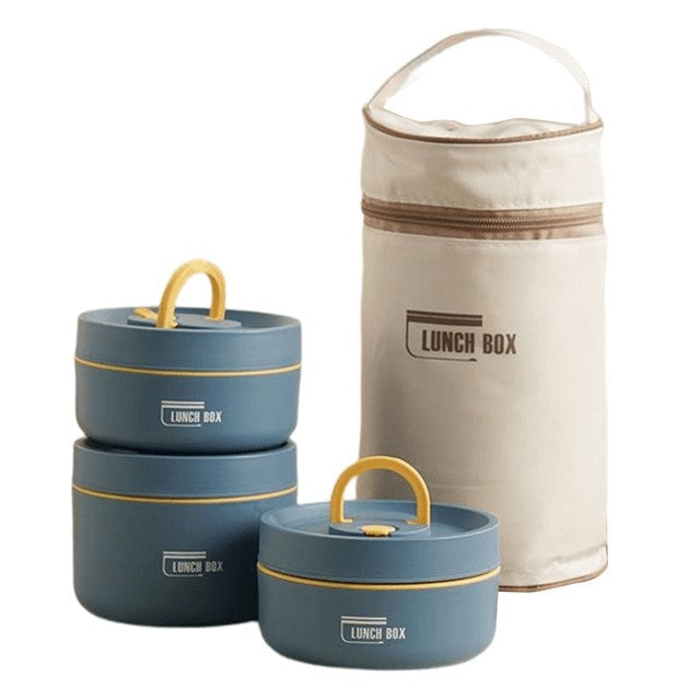 Doppelwandige Thermo-Lunchbox aus Edelstahl mit auslaufsicherem Deckel und Tragetasche in Blau