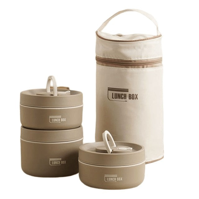 Doppelwandige Thermo-Lunchbox aus Edelstahl mit auslaufsicherem Deckel und Tragetasche in Braun