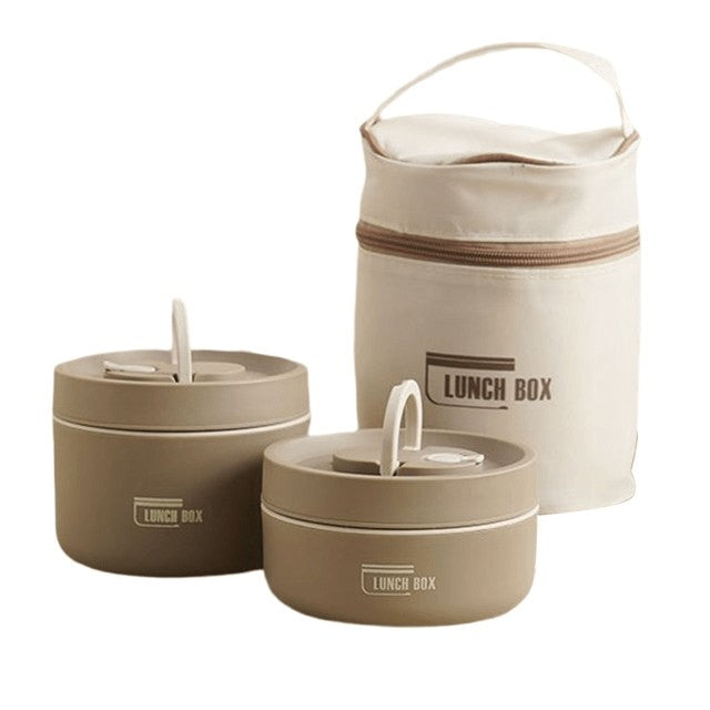 Doppelwandige Thermo-Lunchbox aus Edelstahl mit auslaufsicherem Deckel und Tragetasche in Braun