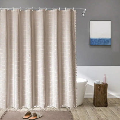 Duschvorhang aus Leinen mit Jacquard-Webung, Quastenborte und beschichteter Innenseite, Ansicht 9