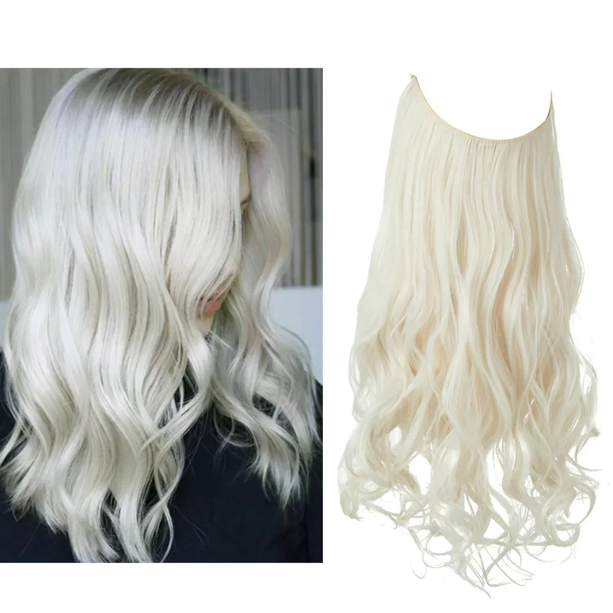Echthaar-Extensions mit Drahtband zum Aufsetzen, hitzebeständig bis 180 °C in Platinblond