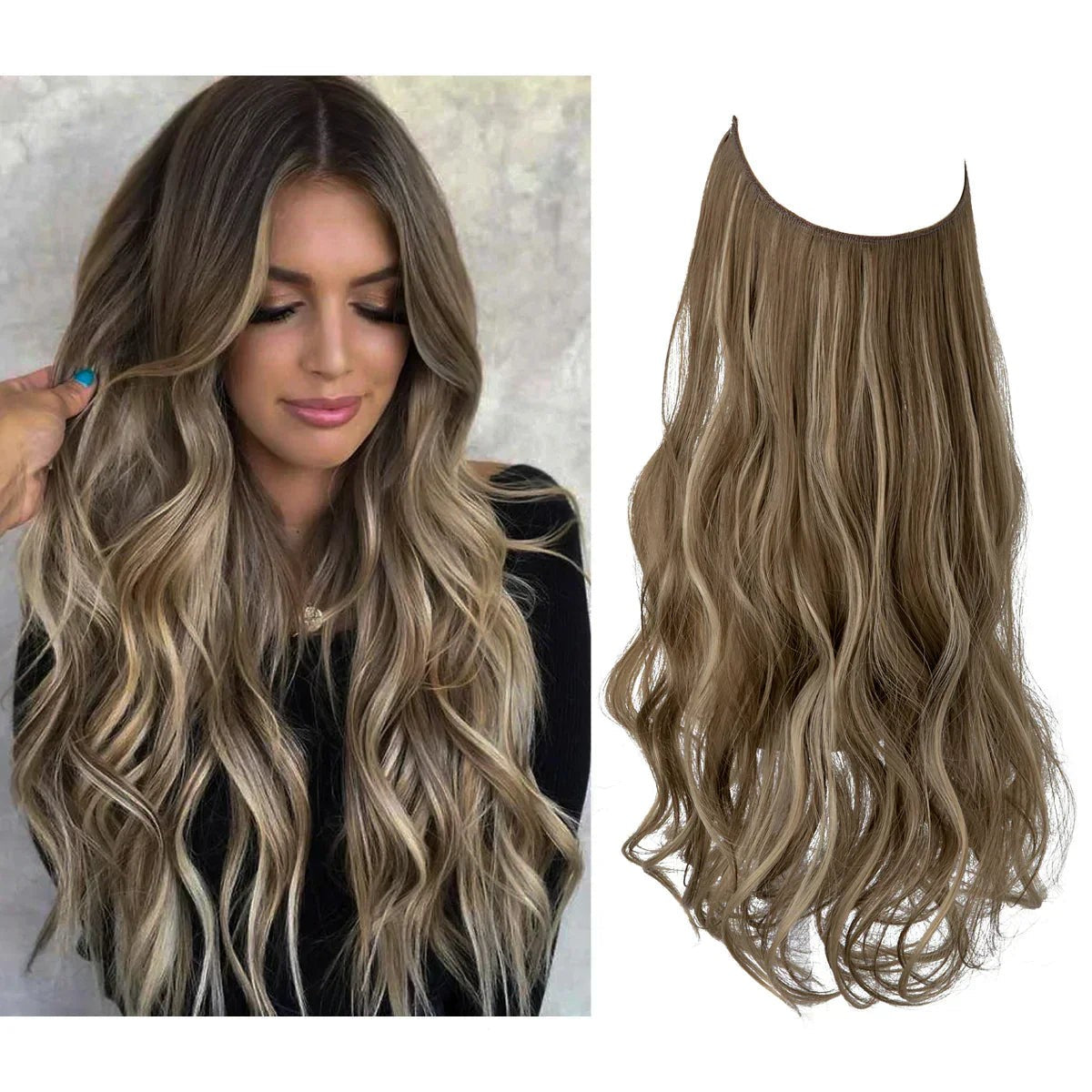 Echthaar-Extensions mit Drahtband zum Aufsetzen, hitzebeständig bis 180 °C in Mittelbraun & Blond