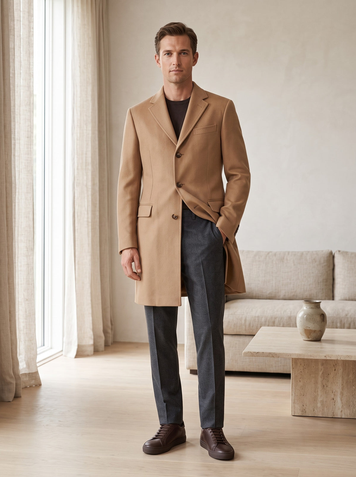 Einreihiger Herren-Wollmantel in Camel, getragen im Wohnzimmer