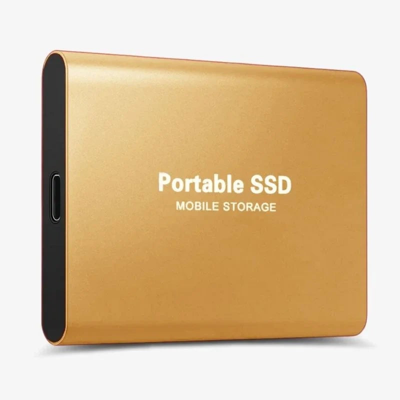 Externe SSD für PS5 und Xbox mit USB-C, Aluminiumgehäuse und Silikonrand in Gold