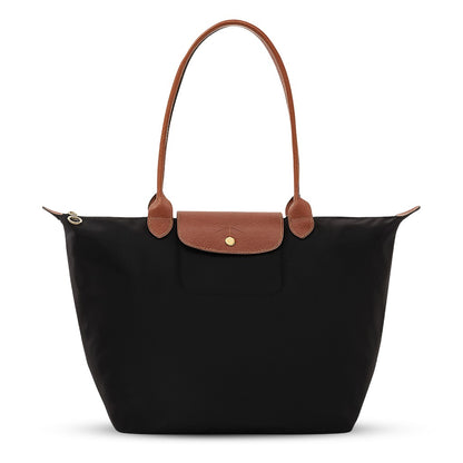 Faltbare Shopper-Tasche für Damen mit langen Henkeln und Klappverschluss in drei Größen in Schwarz