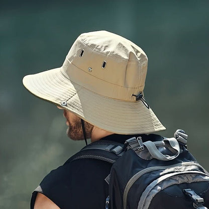Faltbarer Sonnenhut mit breiter Krempe, Belüftungsösen und Kinnband für Wandern und Angeln in Khaki