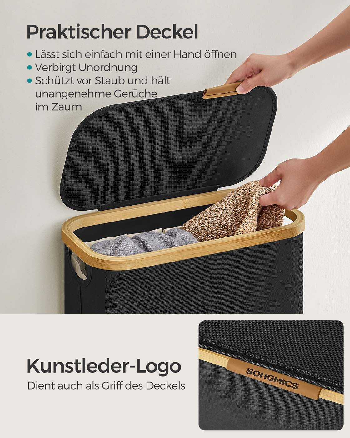 Faltbarer Wäschekorb mit Deckel, 65 Liter, herausnehmbarem Wäschesack und Bambusgriffen, Ansicht 6