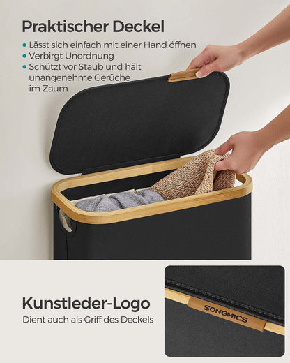 Faltbarer Wäschekorb mit Deckel, 65 Liter, herausnehmbarem Wäschesack und Bambusgriffen, Ansicht 6