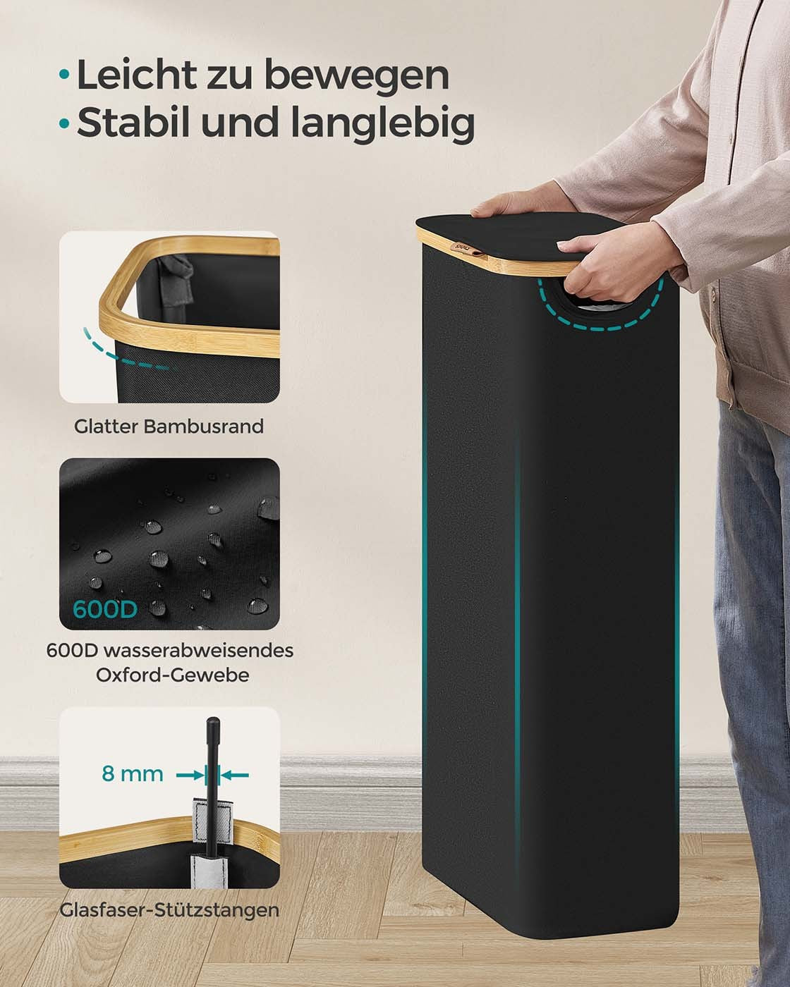 Faltbarer Wäschekorb mit Deckel, 65 Liter, herausnehmbarem Wäschesack und Bambusgriffen, Ansicht 9