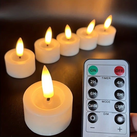 Flackernde LED-Teelichter mit Fernbedienung auf einem dunklen Tisch