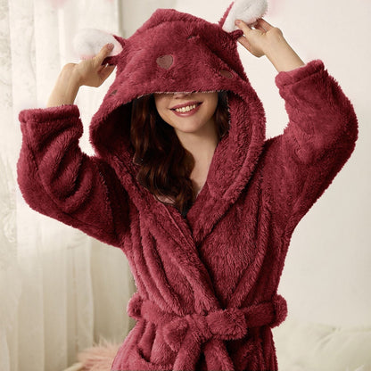 Flauschiger Damen-Bademantel aus Flanell mit Kapuze mit Tiermotiv, Gürtel und Taschen, Ansicht 11