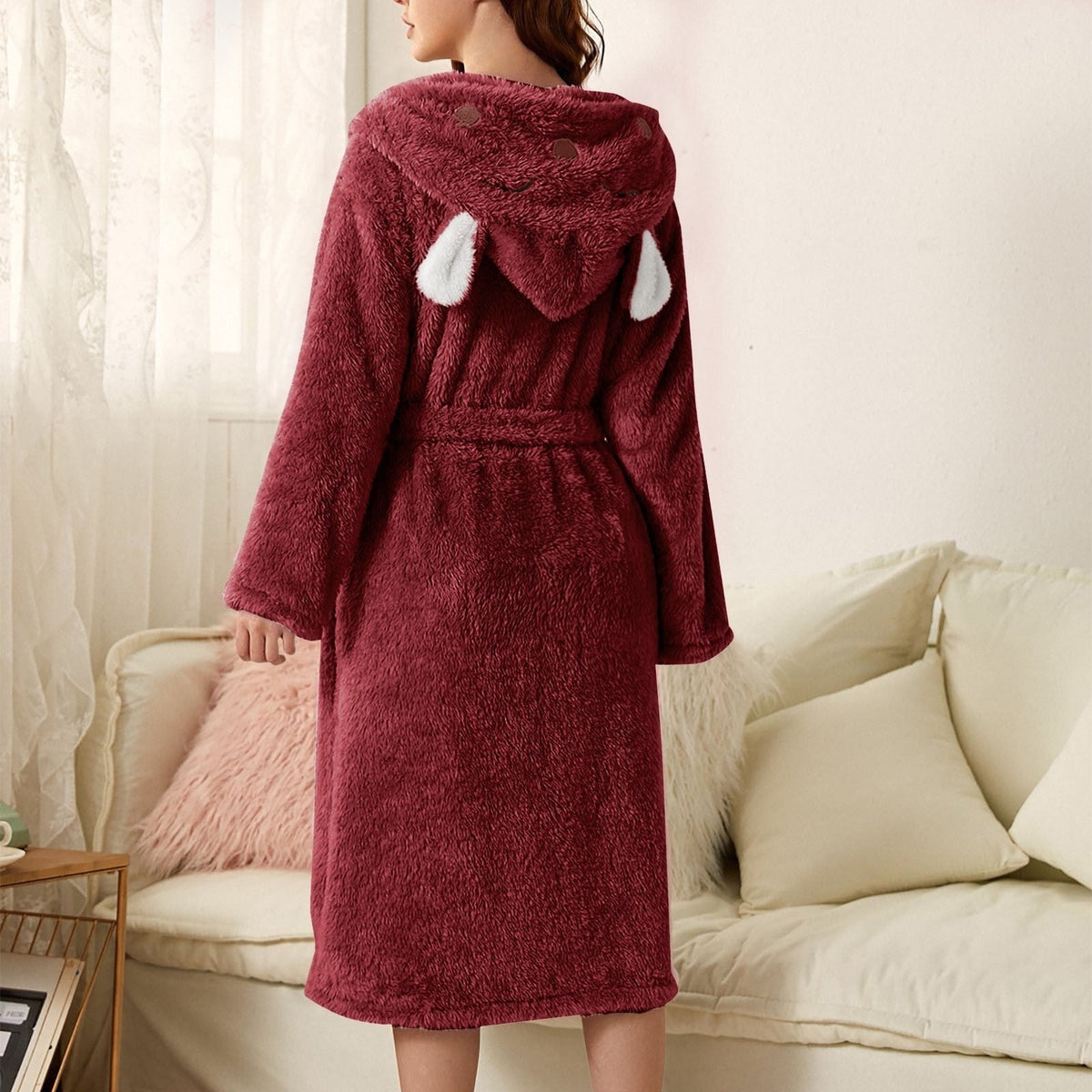 Flauschiger Damen-Bademantel aus Flanell mit Kapuze mit Tiermotiv, Gürtel und Taschen, Ansicht 13