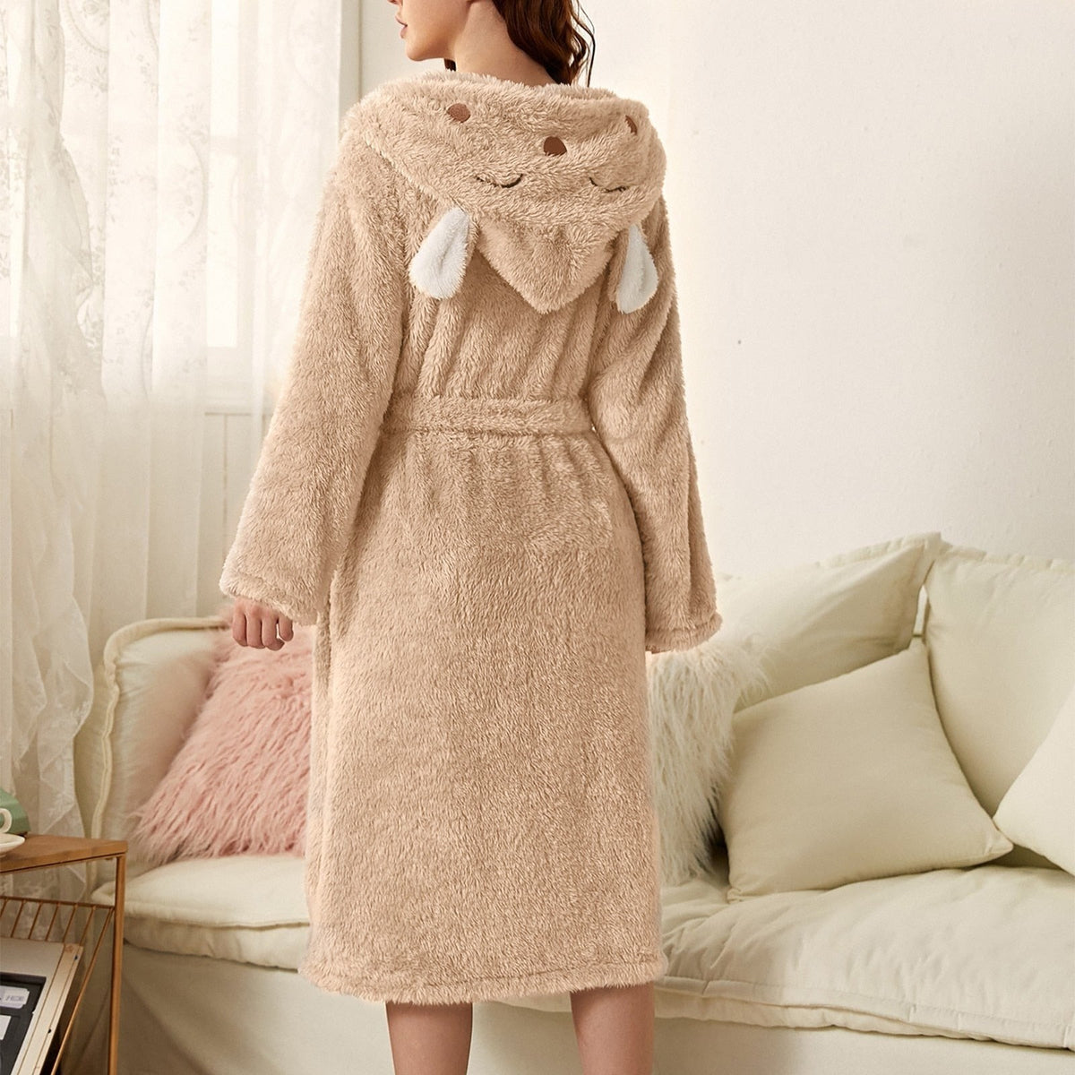 Flauschiger Damen-Bademantel aus Flanell mit Kapuze mit Tiermotiv, Gürtel und Taschen, Ansicht 15
