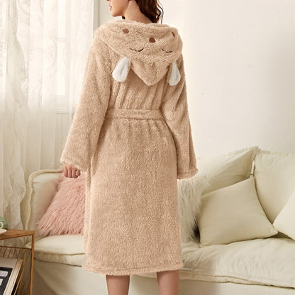 Flauschiger Damen-Bademantel aus Flanell mit Kapuze mit Tiermotiv, Gürtel und Taschen, Ansicht 15