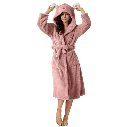 Flauschiger Damen-Bademantel aus Flanell mit Kapuze mit Tiermotiv, Gürtel und Taschen, Ansicht 16