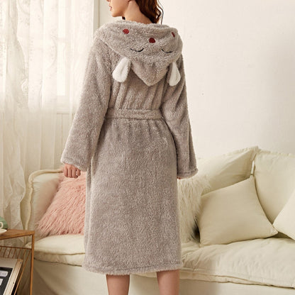 Flauschiger Damen-Bademantel aus Flanell mit Kapuze mit Tiermotiv, Gürtel und Taschen in Grau, Hase