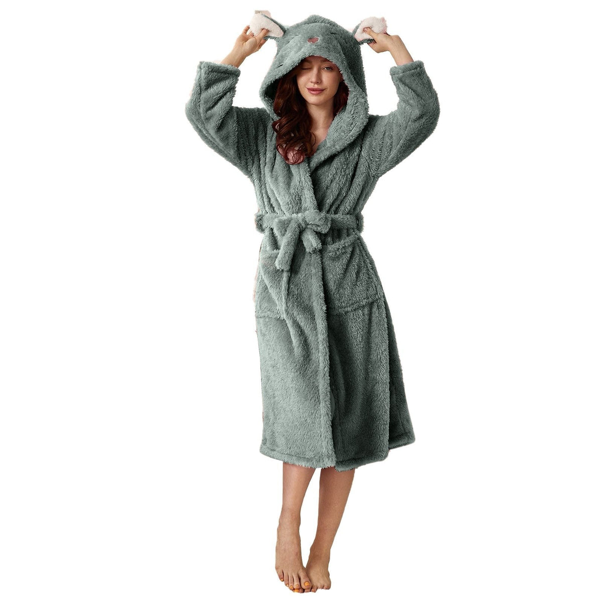 Flauschiger Damen-Bademantel aus Flanell mit Kapuze mit Tiermotiv, Gürtel und Taschen, Ansicht 20