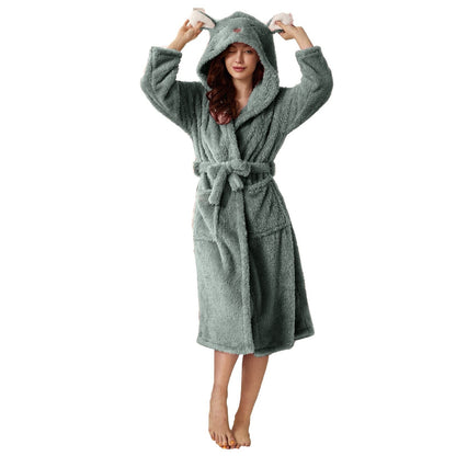 Flauschiger Damen-Bademantel aus Flanell mit Kapuze mit Tiermotiv, Gürtel und Taschen, Ansicht 20