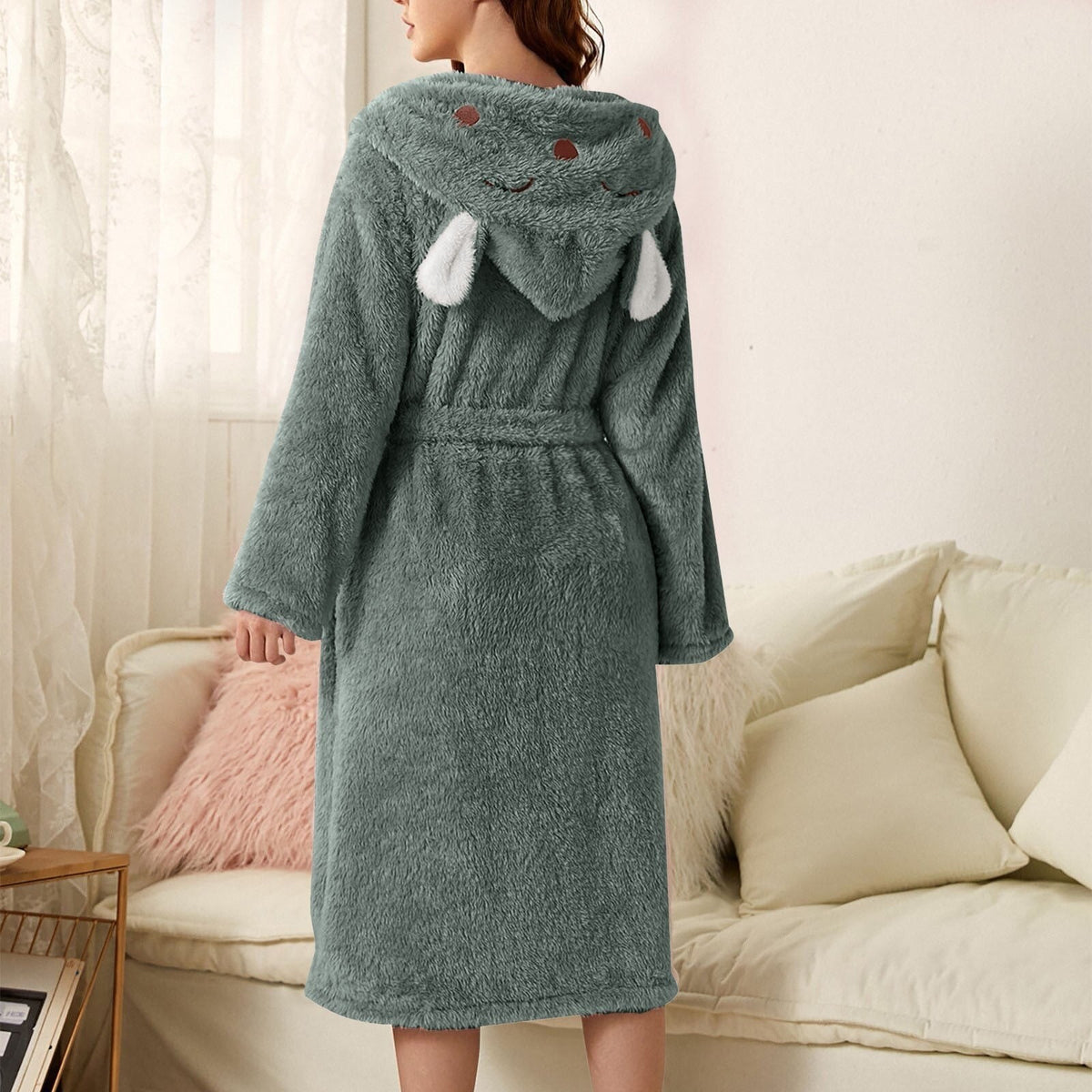 Flauschiger Damen-Bademantel aus Flanell mit Kapuze mit Tiermotiv, Gürtel und Taschen, Ansicht 21