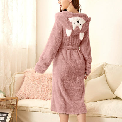 Flauschiger Damen-Bademantel aus Flanell mit Kapuze mit Tiermotiv, Gürtel und Taschen in Rosa, Fuchs