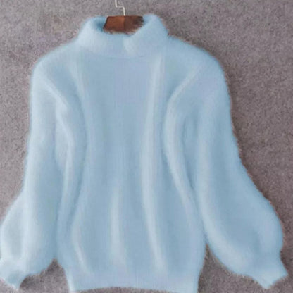 Flauschiger Damen-Rollkragenpullover mit Angoraanteil und weiten Ballonärmeln in Blau