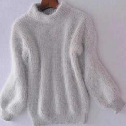 Flauschiger Damen-Rollkragenpullover mit Angoraanteil und weiten Ballonärmeln in Grau