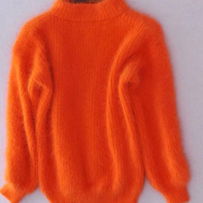 Flauschiger Damen-Rollkragenpullover mit Angoraanteil und weiten Ballonärmeln in Orange