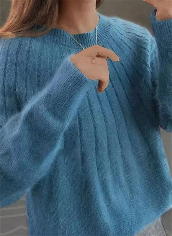 Flauschiger Damen-Strickpullover mit Rippstruktur und Rundhals für Herbst und Winter in Blau