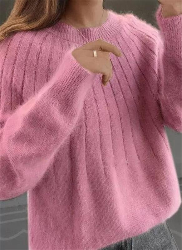 Flauschiger Damen-Strickpullover mit Rippstruktur und Rundhals für Herbst und Winter in Rosa