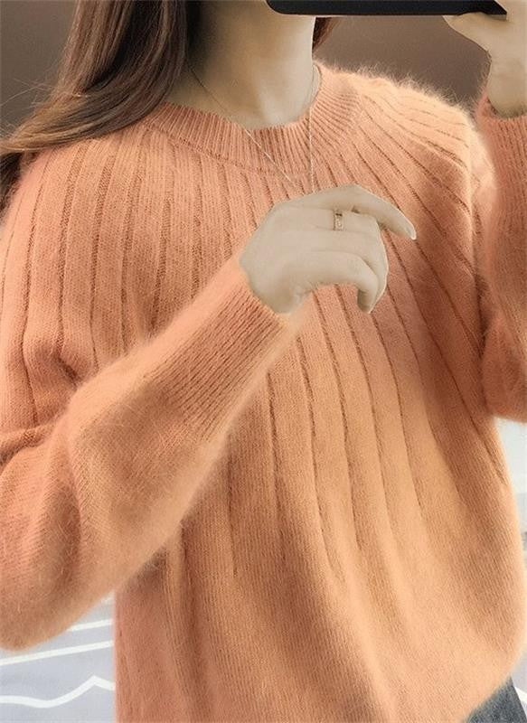 Flauschiger Damen-Strickpullover mit Rippstruktur und Rundhals für Herbst und Winter in Orange