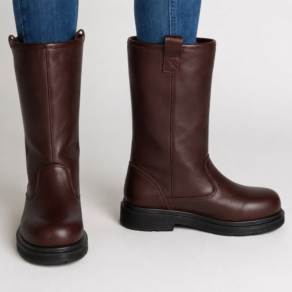 Gefütterte Damen-Stiefel aus Leder mit halbhohem Schaft, Anziehlaschen und Profilsohle in Braun