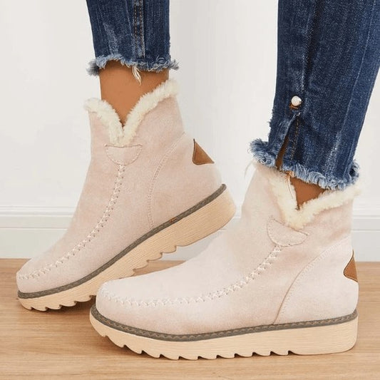 Gefütterte Damen-Winterstiefeletten mit Kunstfellrand, Ziernaht und rutschfester Gummisohle in Beige