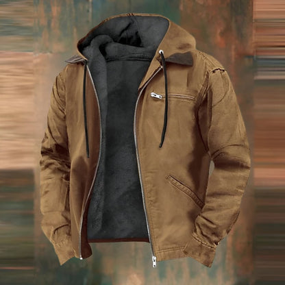 Gefütterte Herren-Kapuzenjacke mit Fleecefutter, Kordelzug und Brusttasche mit Reißverschluss in Braun