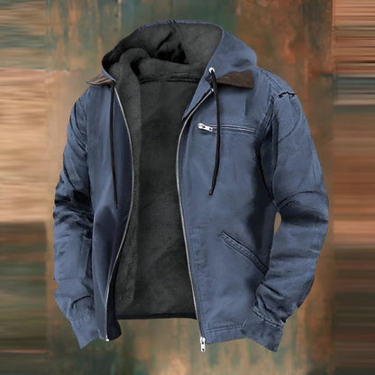Gefütterte Herren-Kapuzenjacke mit Fleecefutter, Kordelzug und Brusttasche mit Reißverschluss in Blau