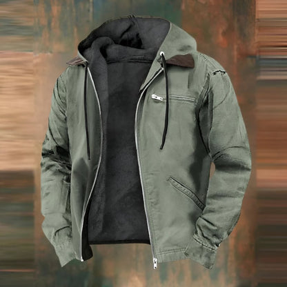 Gefütterte Herren-Kapuzenjacke mit Fleecefutter, Kordelzug und Brusttasche mit Reißverschluss in Grün