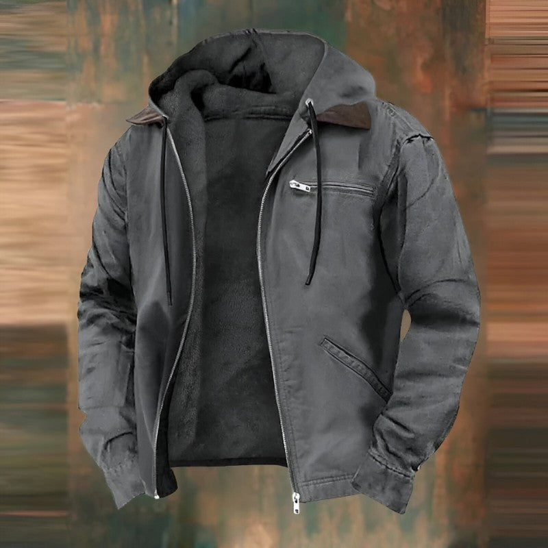 Gefütterte Herren-Kapuzenjacke mit Fleecefutter, Kordelzug und Brusttasche mit Reißverschluss in Grau