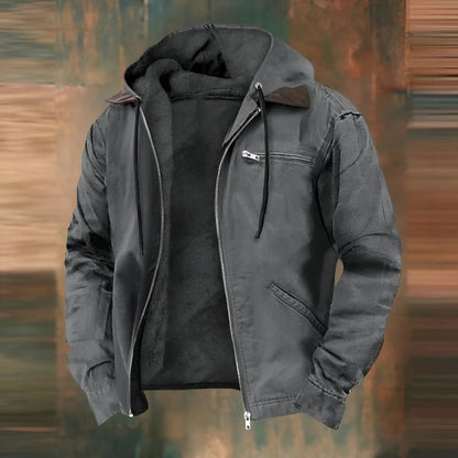 Gefütterte Herren-Kapuzenjacke mit Fleecefutter, Kordelzug und Brusttasche mit Reißverschluss in Grau