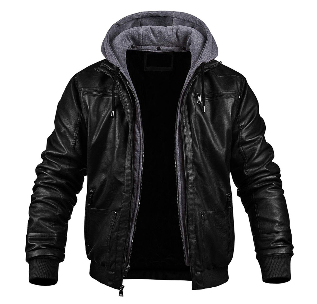 Gefütterte Herren-Lederjacke mit Kapuze, Reißverschlusstaschen und Rippbündchen für den Winter in Schwarz