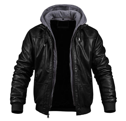 Gefütterte Herren-Lederjacke mit Kapuze, Reißverschlusstaschen und Rippbündchen für den Winter in Schwarz