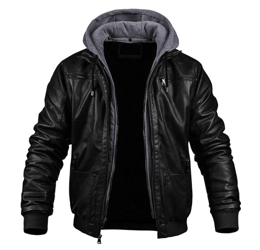 Gefütterte Herren-Lederjacke mit Kapuze, Reißverschlusstaschen und Rippbündchen für den Winter in Schwarz