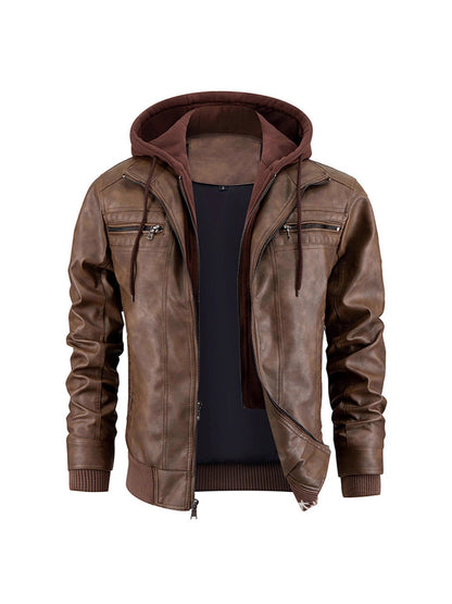 Gefütterte Herren-Lederjacke mit Kapuze, Reißverschlusstaschen und Rippbündchen für den Winter in Braun