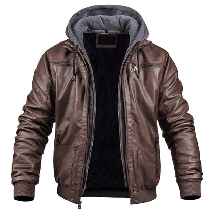 Gefütterte Herren-Lederjacke mit Kapuze, Reißverschlusstaschen und Rippbündchen für den Winter in Dunkelbraun