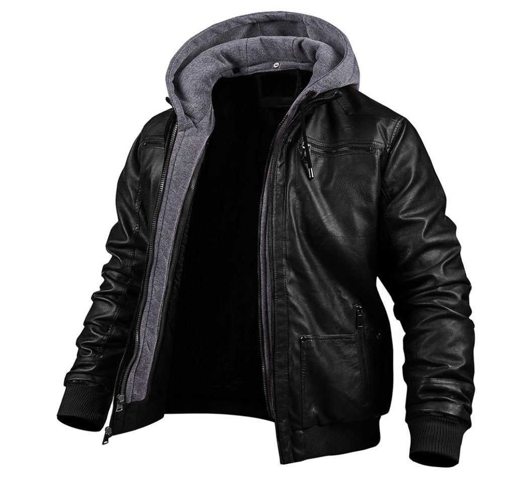 Gefütterte Herren-Lederjacke mit Kapuze, Reißverschlusstaschen und Rippbündchen für den Winter, Ansicht 5