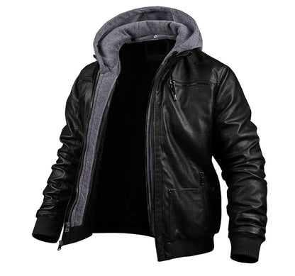 Gefütterte Herren-Lederjacke mit Kapuze, Reißverschlusstaschen und Rippbündchen für den Winter, Ansicht 5