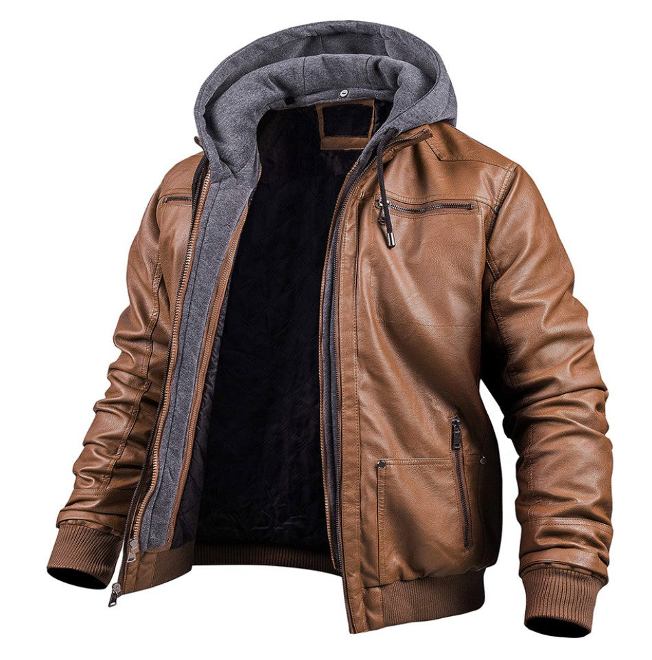 Gefütterte Herren-Lederjacke mit Kapuze, Reißverschlusstaschen und Rippbündchen für den Winter, Ansicht 6
