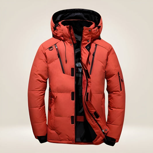 Gefütterte Herren-Winterjacke mit Kapuze und vielen Reißverschlusstaschen in Orange