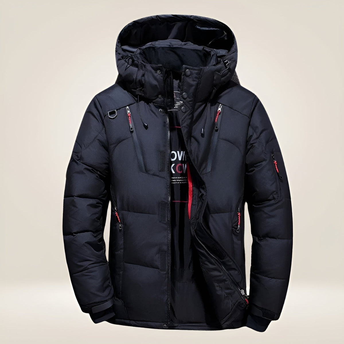 Gefütterte Herren-Winterjacke mit Kapuze und vielen Reißverschlusstaschen in Schwarz