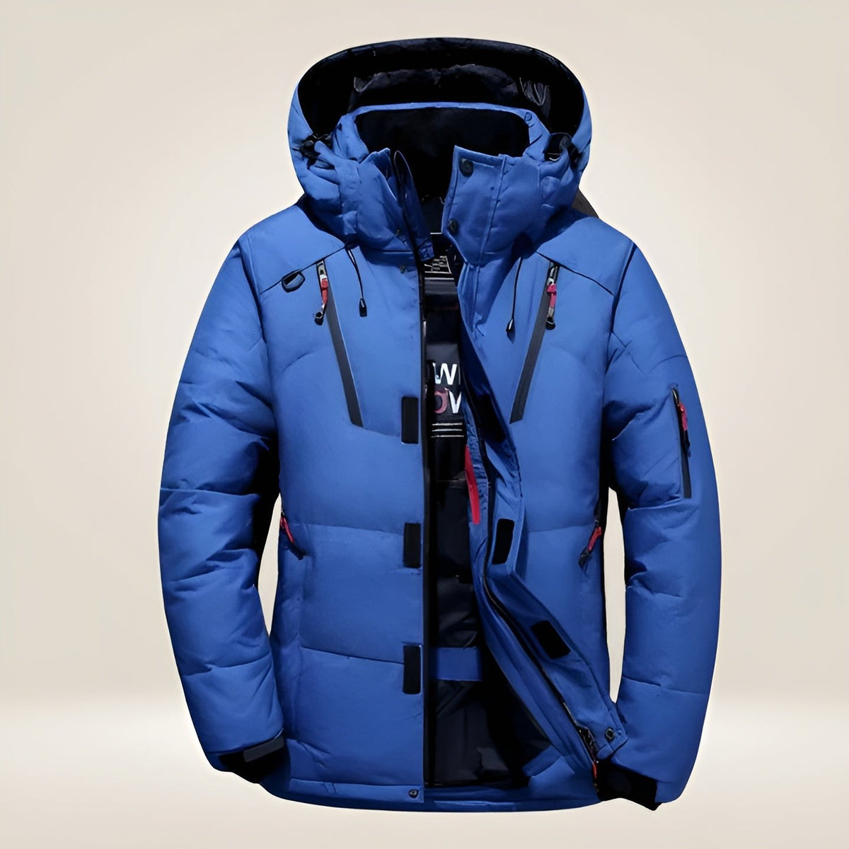 Gefütterte Herren-Winterjacke mit Kapuze und vielen Reißverschlusstaschen in Blau