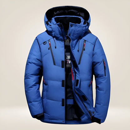 Gefütterte Herren-Winterjacke mit Kapuze und vielen Reißverschlusstaschen in Blau