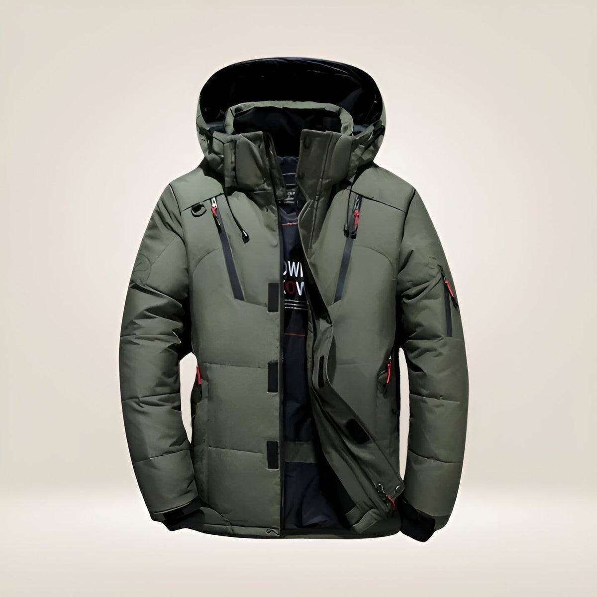 Gefütterte Herren-Winterjacke mit Kapuze und vielen Reißverschlusstaschen in Grün
